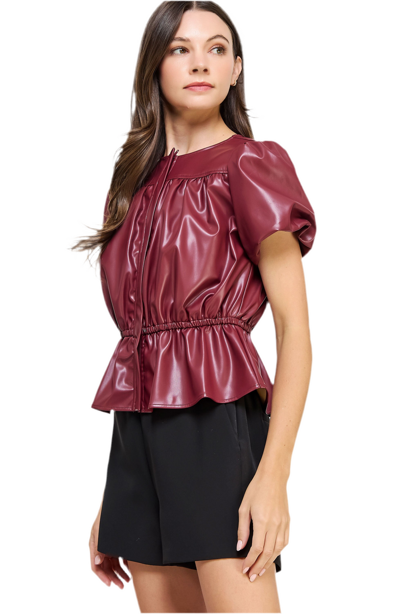 Strut and Bolt Faux Leather Puff Sleeve Top