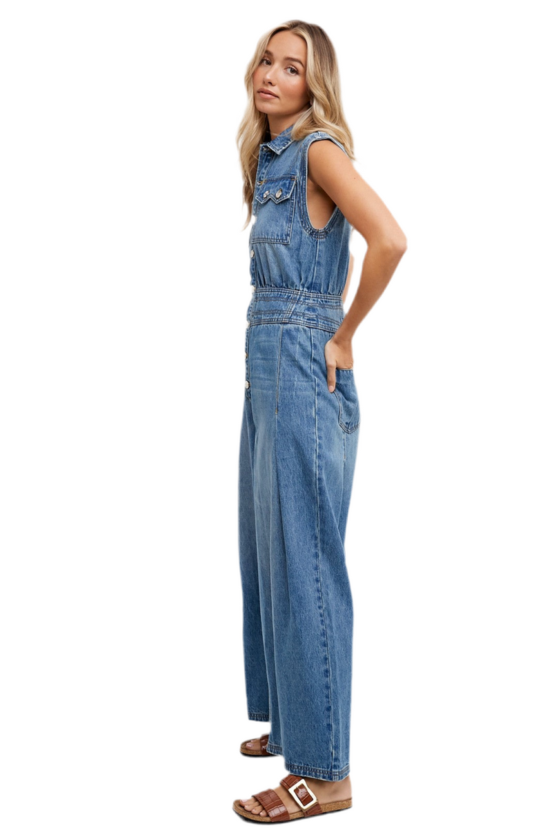 Denim Shirt Sleeveless Jumpsuit