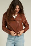 En Crème Faux Leather Moto Jacket Brown