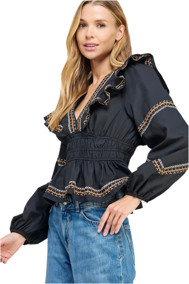 Strut and Bolt Embroidered Ruffle top