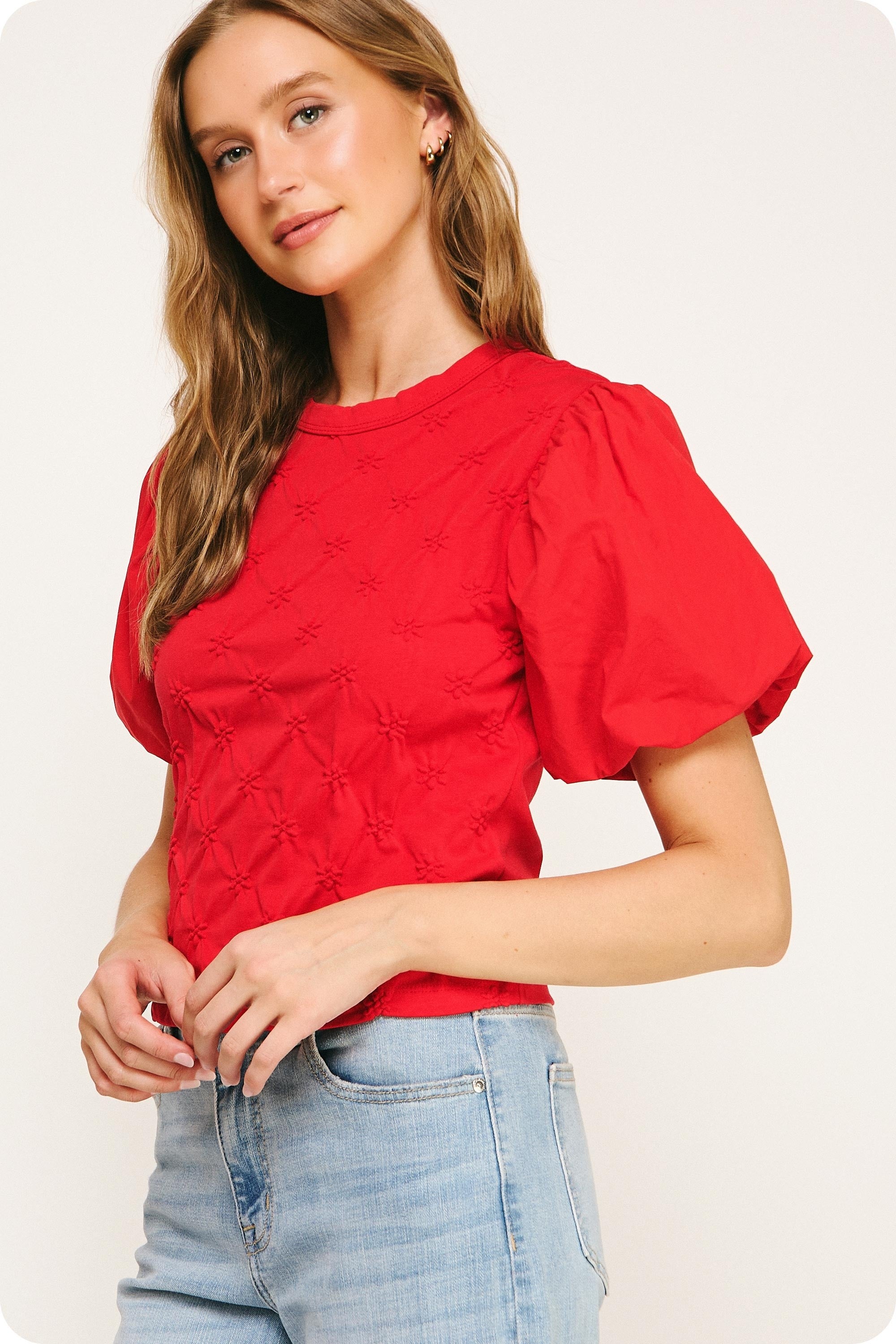 Strut and Bolt Flower Embossed Puff Sleeve Top