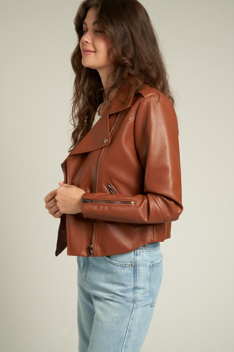 En Crème Faux Leather Moto Jacket Brown