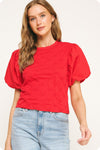 Strut and Bolt Flower Embossed Puff Sleeve Top