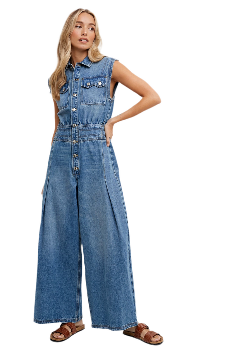 Denim Shirt Sleeveless Jumpsuit