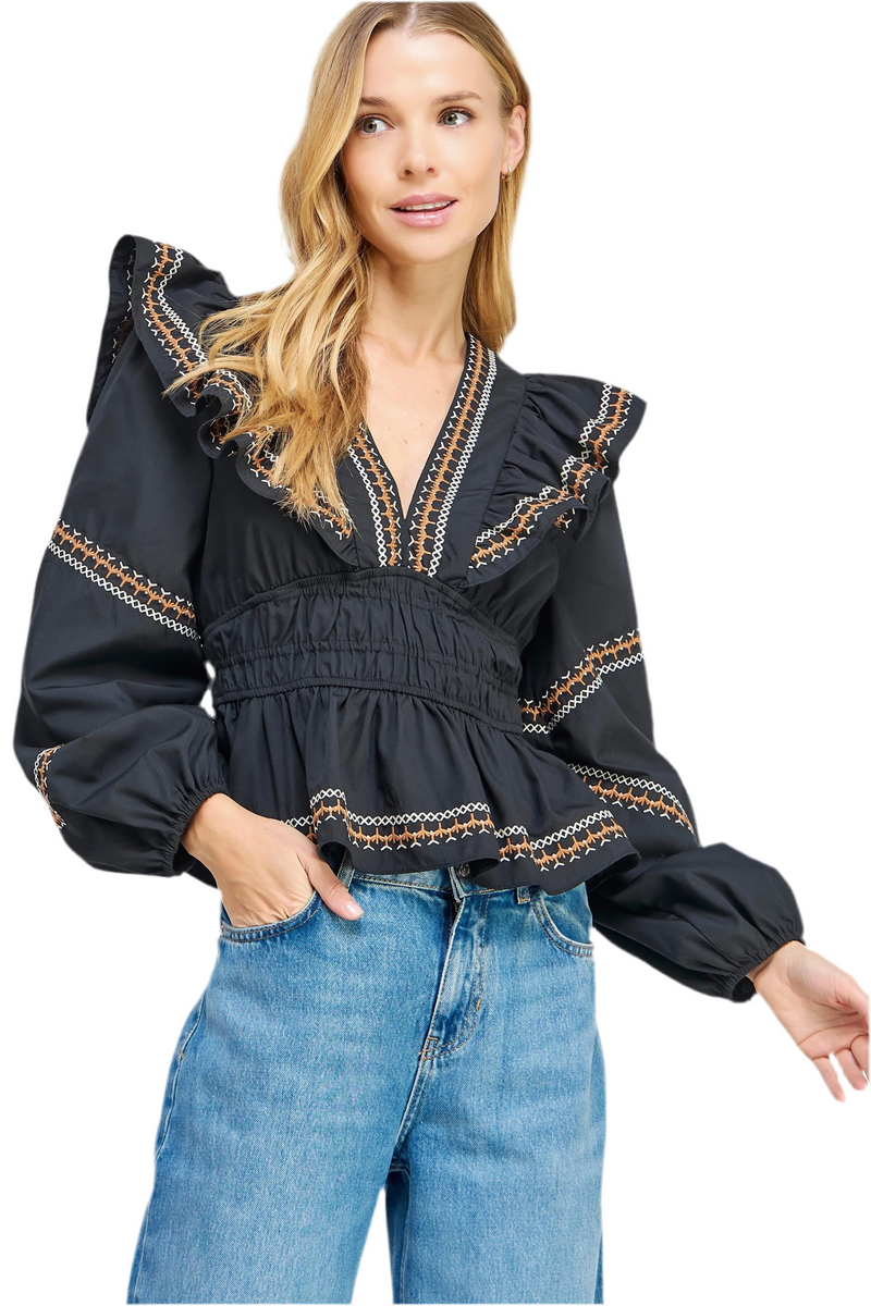 Strut and Bolt Embroidered Ruffle top