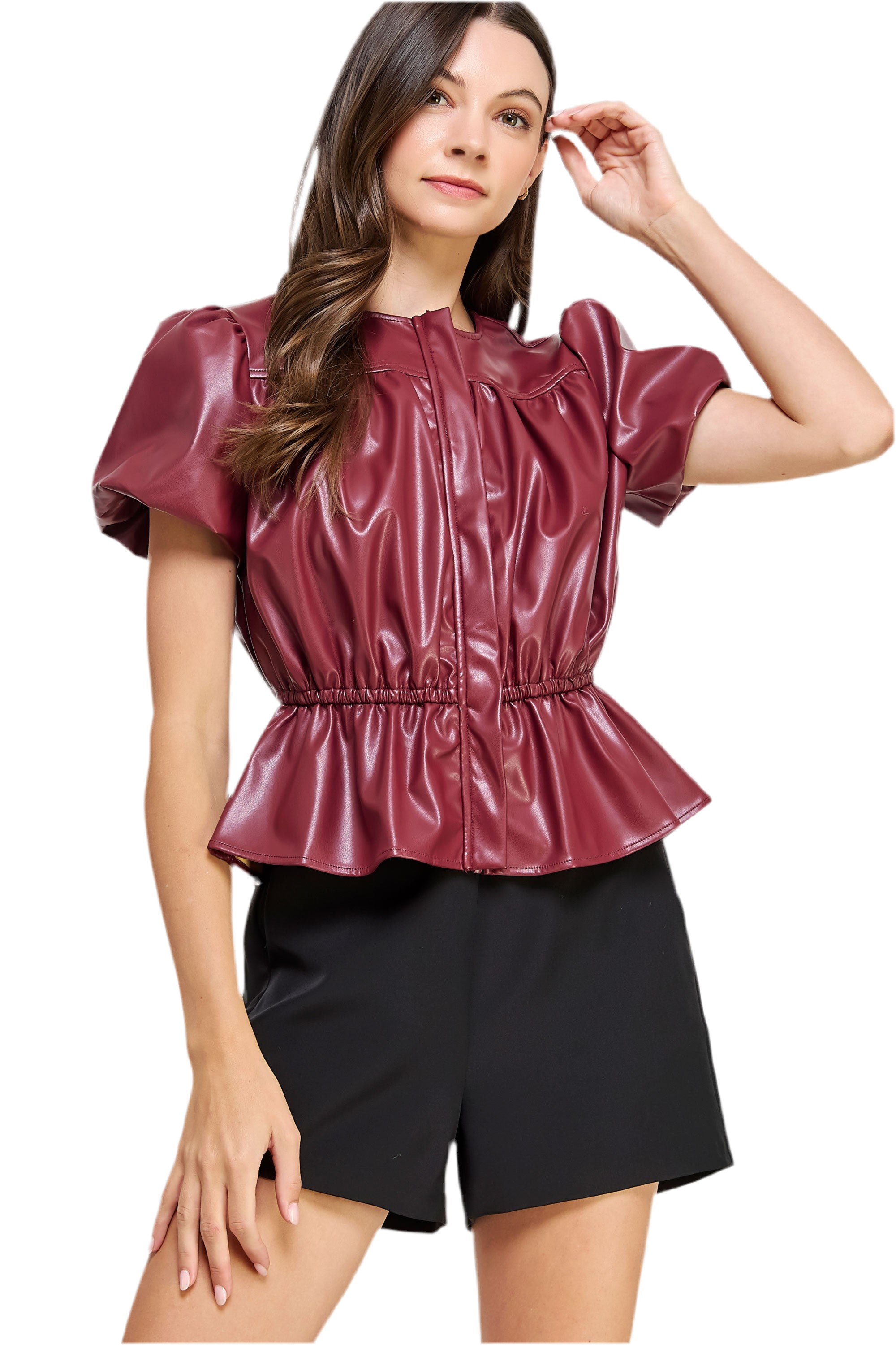 Strut and Bolt Faux Leather Puff Sleeve Top